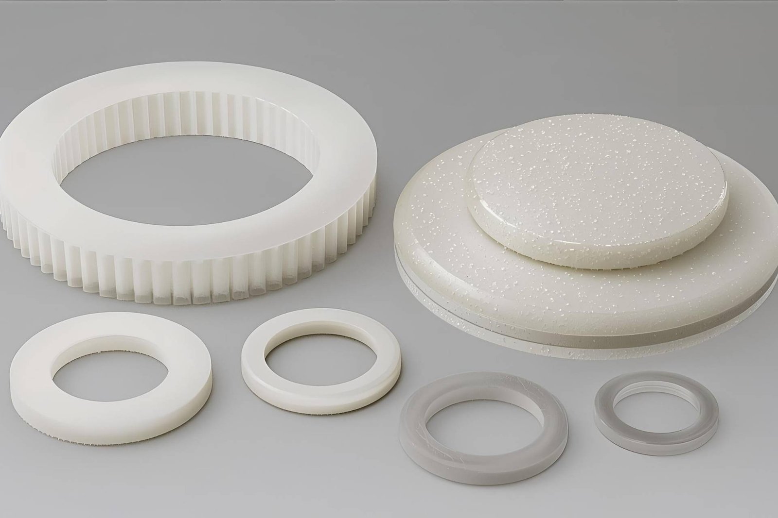 A PTFE washer is a flat, annular component molded or skived from polytetrafluoroethylene and used to distribute clamping force, isolate metals, seal against fluids, or provide a low‑friction interface. PTFE’s carbon–fluorine backbone yields exceptional chemical inertness and a low surface energy (~18 mN/m), which translates to very low static and dynamic coefficients of friction (typically 0.05–0.10 against polished steel under light load). Washers are produced as virgin PTFE or as composite grades filled with glass fiber, carbon, graphite, bronze, or mineral fillers to tune mechanical behavior.